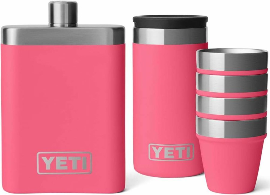 YETI Rambler 7 Oz Stainless Steel Flask with 4-Piece Shot Glass Set, Tropical Pink - Insulated Travel Barware for Liquor & Spirits