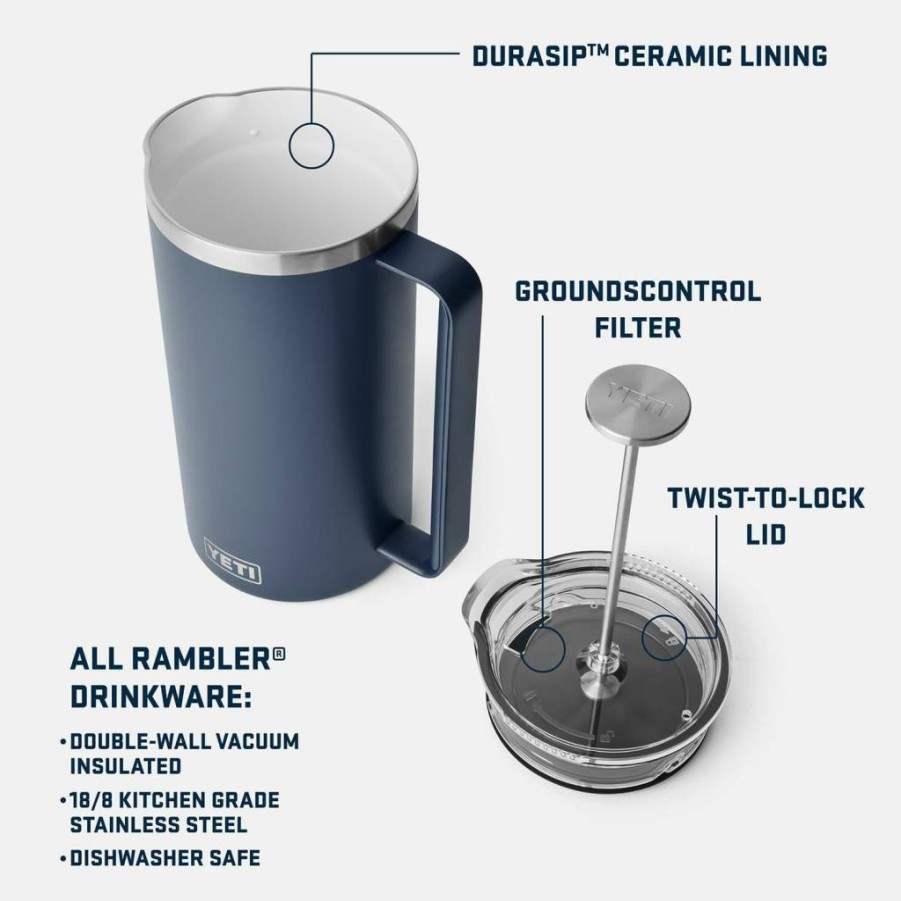 YETI Rambler French Press Coffee Maker with GroundsControl Filter – Insulated Stainless Steel Travel Mug for Hot Brews On The Go
