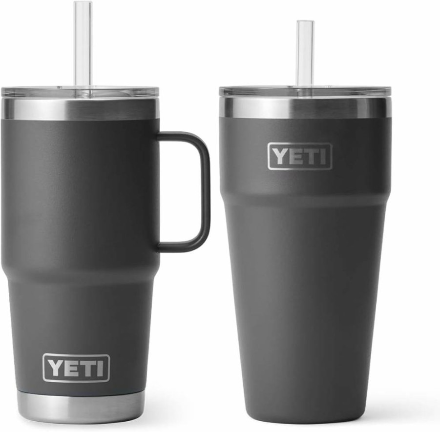 YETI Rambler Stainless Steel Drinkware Set - 25oz Straw Tumbler & 26oz Straw Cup with Lid, Double-Wall Vacuum Insulated, Charcoal