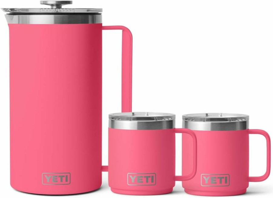 YETI Rambler 10 Oz Coffee Mugs (2-Pack) & 64 Oz French Press in Tropical Pink – Insulated Stainless Steel Set