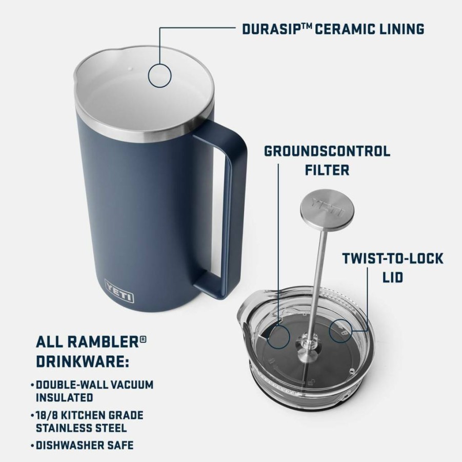 YETI Rambler 34 Oz French Press with MagSlider Lid - Insulated Stainless Steel Coffee Maker, Navy