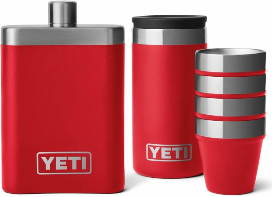 YETI Rambler 7 oz Stainless Steel Flask with 4-Piece Shot Glass Set, Rescue Red - Insulated, Leak-Proof, BPA-Free