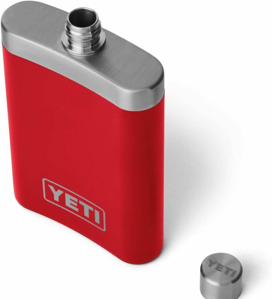 YETI Rambler 7 oz Stainless Steel Flask with 4-Piece Shot Glass Set, Rescue Red - Insulated, Leak-Proof, BPA-Free