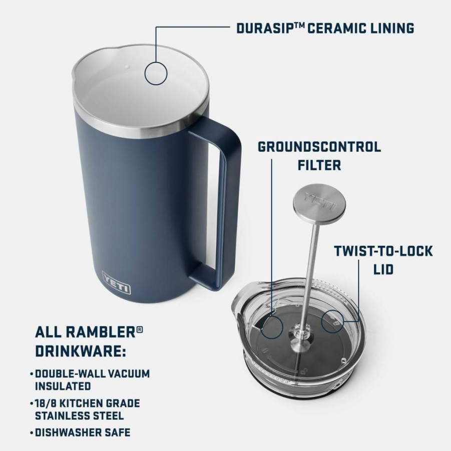 YETI Rambler French Press Coffee Maker with GroundsControl Filter – Insulated Stainless Steel Travel Mug for Hot Coffee On The Go