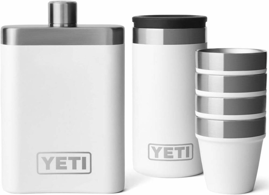 YETI Rambler 7 oz Stainless Steel Flask with 4-Piece Color-Matched Shot Glasses Set, Vacuum Insulated, BPA-Free, Dishwasher Safe - White