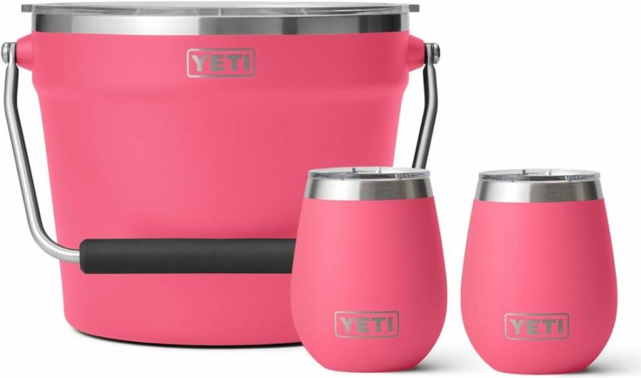 YETI Wine Tumbler Set - (2) 14oz Stainless Steel Wine Tumblers & (1) Insulated Beverage Bucket in Tropical Pink for Chilled Drinks