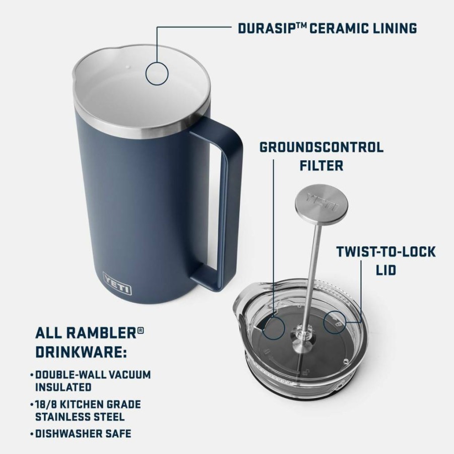 YETI Rambler 34 Oz French Press Coffee Maker with 8 Oz Travel Mug, Navy – Insulated Stainless Steel Set for Camping & Home Brewing