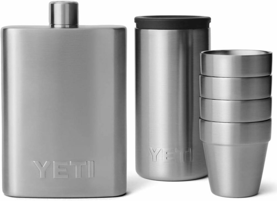 YETI Stainless Steel 7 Oz Flask with Color-Matching Shot Glasses Set, Insulated Travel Barware